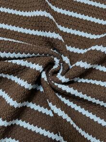 SHEIN 2pcs Maternity Set: Adjustable Waist Wide Leg Striped Pants And Top - Brown - View 7