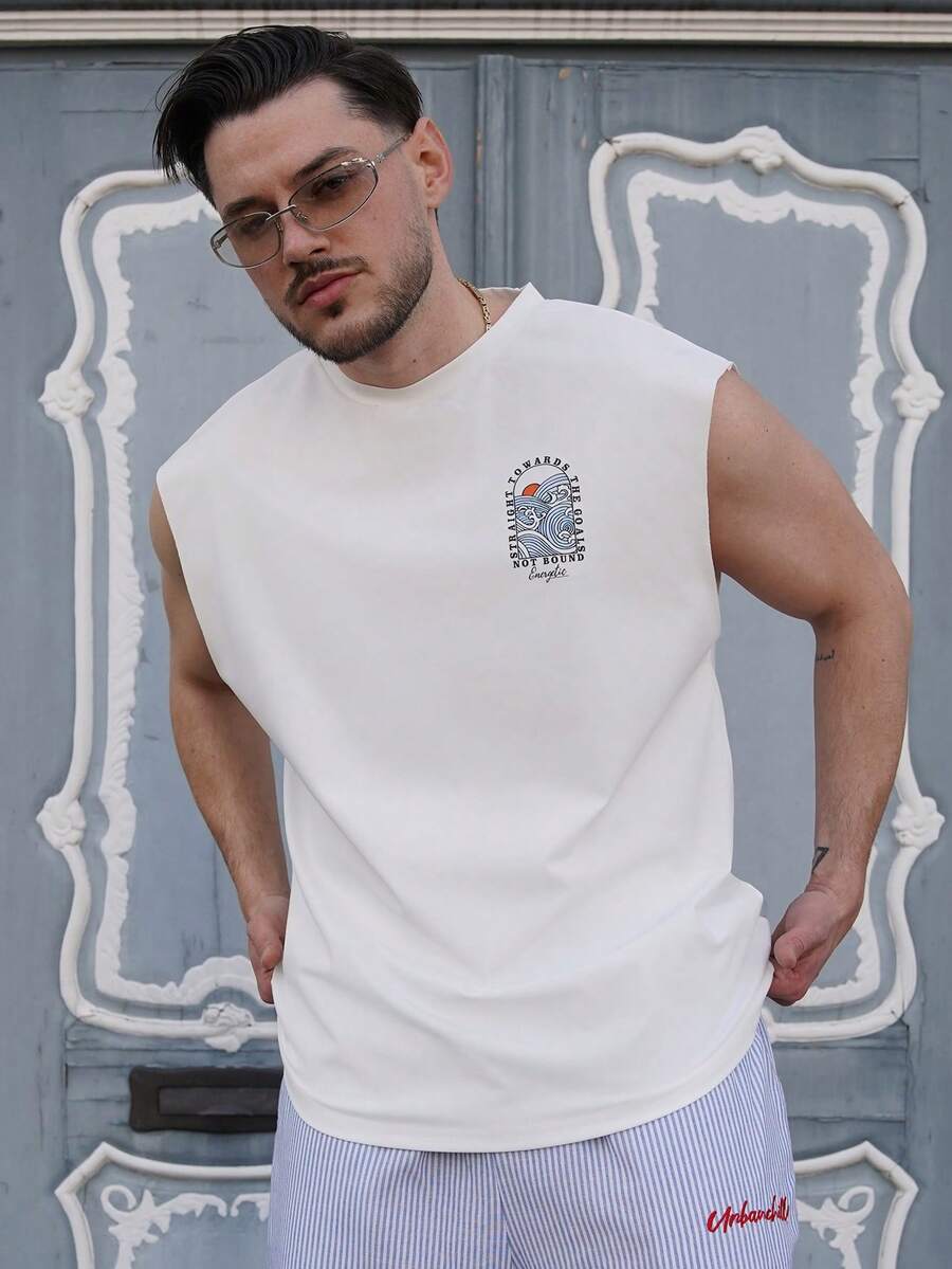 LEOGASHI LEOGASHI 男士休闲波浪图案白色背心，带抽绳和松紧腰设计，适合夏季 - 白色 - 查看 1