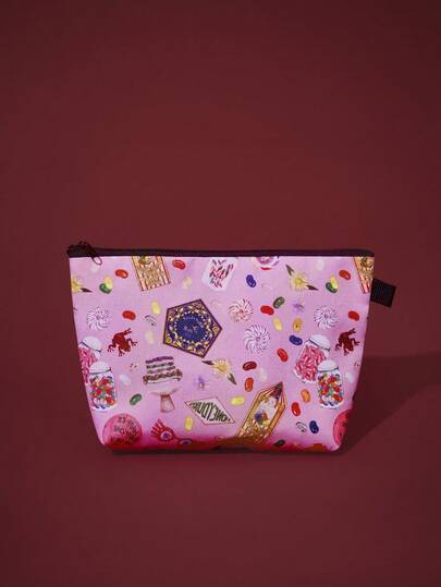 FanGlow HARRY POTTER X SHEIN 1 pieza Bolsa de maquillaje con estampado de caramelo rosa lindo de pantalla completa. Bolsa de maquillaje de viaje con cremallera de gran capacidad adecuada para el transporte diario y el almacenamiento de viaje, también como neceser.
