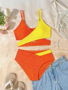 少女比基尼套装，休闲度假风，橙黄撞色两件式泳衣，夏季时尚，亲肤速干，交叉腰带设计，细肩带，高腰全包臀剪裁，完美适用于海滩度假、游泳池和水上乐园。活力四射的必备单品！黄橙撞色比基尼两件式泳衣，女士泳装比基尼两件式泳衣 - 彩色 - 查看 2