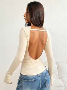 INAWLY Women's Solid Color Backless Boat Neck Long Sleeve T-Shirt - Apricot - View 6