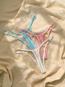 3pcs Sweet Embroidered Low-Rise Sexy Thongs Set String Panties - Multicolor - View 2