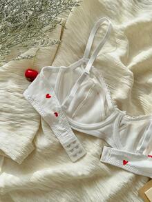 Heart Print Bra Lingerie, Kawaii - White - View 3