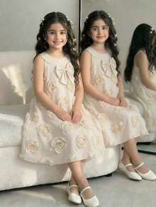 SHEIN Glamorique Kids 小女孩优雅无袖蝴蝶结3D网纱花朵公主裙，适合日常穿着、派对、旅行和度假 - 杏色 - 查看 3