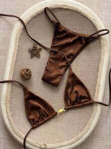 Swim Chiccia 2026新款女士沙滩装，时尚撞色豹纹印花，可爱金属贝壳装饰，系带露背吊带比基尼两件套，适合夏季海滩度假和夜间海滩派对。 - 棕色 - 查看 5