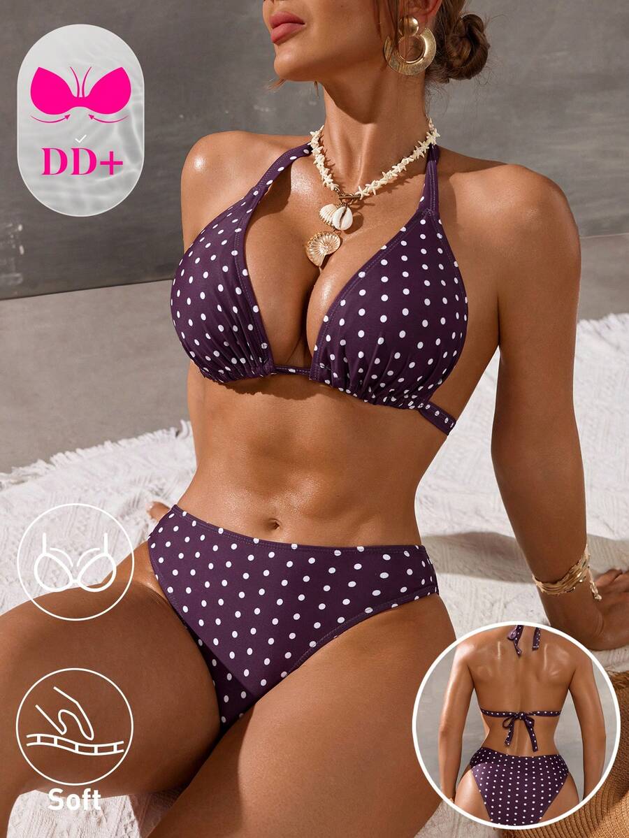 Swim DD+ Bộ bikini chấm bi dành cho nữ, thích hợp cho kỳ nghỉ biển. - Cà phê nâu - Xem 1