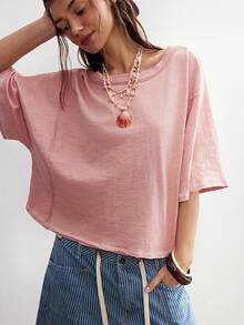 Bohemela Áo thun nữ dệt kim cổ tròn, tay ngắn, màu trơn, dáng rộng, không lưng, kiểu dáng thường ngày. - Bụi hồng - Xem 4