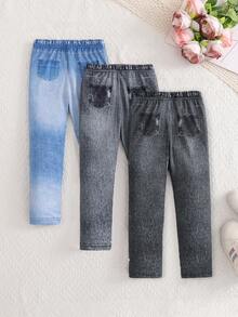 3pcs Girls' Casual Cute Graffiti Leopard, Butterfly, Cat Print Faux Denim Look Leggings - Multicolor - View 2
