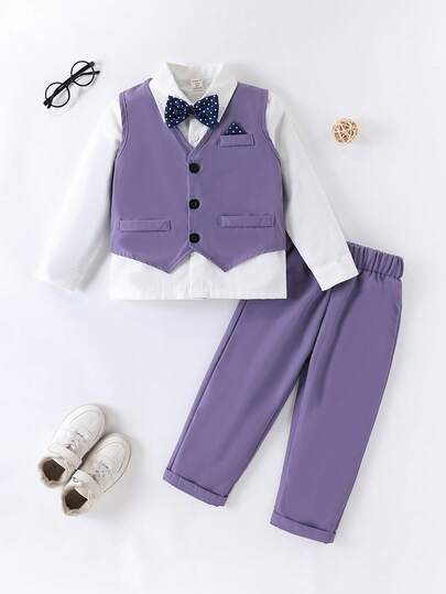 SHEIN Set de 3 piezas Traje formal de niño pequeño con pajarita, chaleco y pantalones, adecuado para boda, invitado de boda, paje, portador de anillos, otoño/invierno
