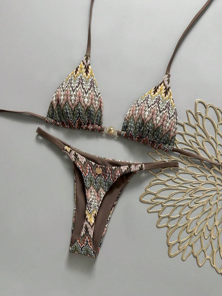 Swim Mod Women's 26SS Spring/Summer New Crochet Fabric V-Neck Backless Triangle Bikini Set With Studded Logo, Beach Vacation Women Vacation Outfit Sets Boho Bikini Cheetah Print Bikini Beaded Capri Happy Harvest Holiday Outfits For Women Bikini - Multicolor - View 1