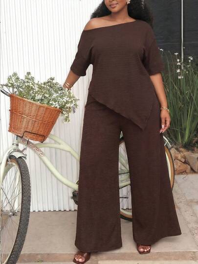 Veslaya Plus Size Women's Brown 2-Piece Set,Autumn Off-Shoulder Asymmetric Top & Wide Leg Pants,Smart Casual Everyday Knit Outfits,Elegant Boho Yoga Jumpsuit