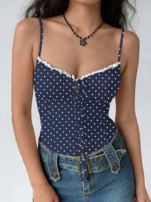 Rina Fox 女士波点撞色蕾丝镂空系带吊带背心，性感约会、度假必备，包容性强，修身显瘦，复古风，新品上市，修饰梨形身材，3D立体剪裁，复古性感，荷叶边肩带，复古印花 - 藏蓝色 - 查看 7