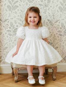 Souflis Souflis Vestido de niña con mangas abullonadas, estilo retro francés, de alta gama, con textura de jacquard, silueta de línea A y lazo mariposa en la espalda, para temporada de bodas - Blanco - Ver 7