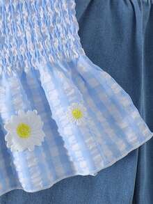 SHEIN Set de 2 piezas Camiseta de tirantes con textura de cuadros y decoración de lazo 3D + Pantalones vaqueros bordados para niña, conjunto casual de primavera/verano lindo para uso diario - Azul - Ver 4