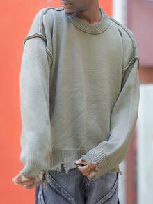 BelSigned BelSigned ANDREILEE Autumn/Winter Unisex Street Style Minimalist Long Sleeve Crew Neck Pullover Sweater, Loose Fit Comfortable Knit Top With Fringe & Distressed Details - Green - View 3