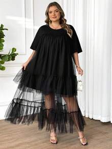 SHEIN CURVE+ 大码女式纯色雪纺叠层T恤长裙，假日风、波西米亚风、嬉皮风、夏季 - 黑色 - 查看 8