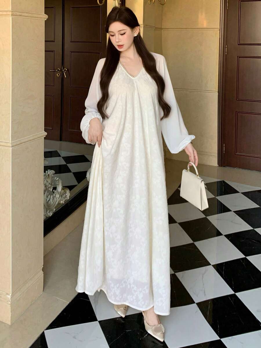 DAZY Women's V-Neck Casual Minimalist Mid-Length Party Dress - Apricot - View 1