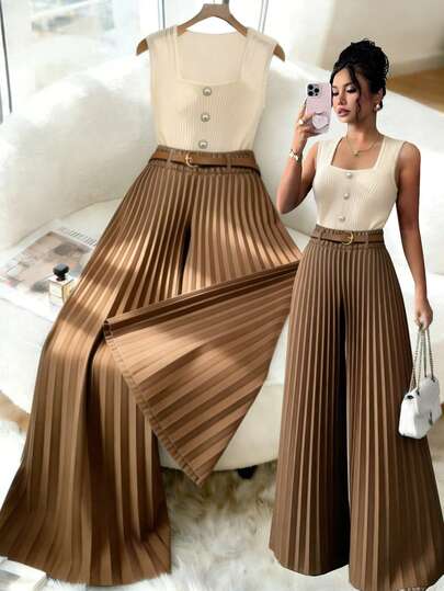 Elenzga 女士方领无袖上衣和褶裥阔腿裤两件套，撞色设计