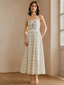 Anewsta 女士中长款沙滩度假风印花吊带串珠连衣裙 - 彩色 - 查看 5