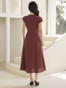 Heiryn New Korean Style Asymmetric V-Neck Cap Sleeve High Waist Slimming A-Line Elegant Commuter Dress,Work Dress - Brown - View 7