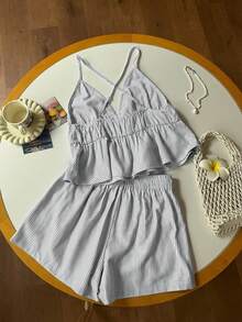 Women's Casual Blue Knitted Camisole And Shorts Set, Brand - 淺灰色 - 查看 2