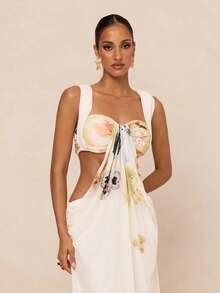 Lumalex 女士碎花褶皱腰身优雅连衣裙，适合约会和派对穿着 - 杏色 - 查看 12