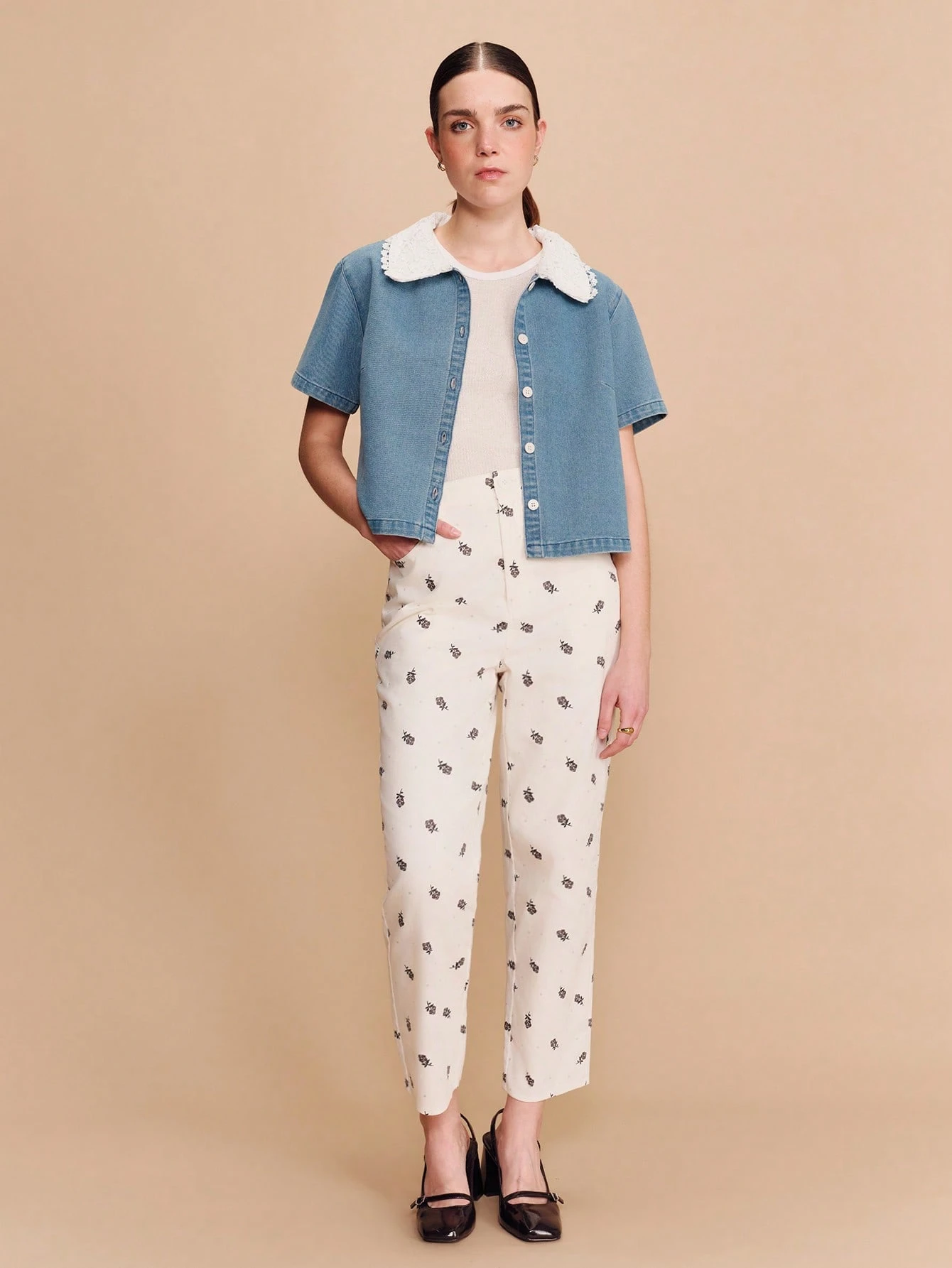 Camisa Denim de Manga Curta com Detalhe de Gola de Crochê, Estilo Boho Primavera Verão, Estilo Vintage Francês Primavera Verão