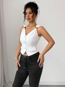 Selianne Women's White Summer Elegant Sexy Brunch Date Night Casual V-Neck Sleeveless Vest, Metal Decor Button, Fitted Waist, Holiday Beach, 2026 Carnival Top - White - View 3