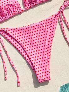 Swim Mod 女士夏季新款性感露背系带低腰波点印花粉色比基尼套装 - 粉色 - 查看 5