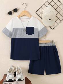 Vacaura 2pcs/Set Boys' Casual Colorblock Round Neck T-Shirt Set, Comfortable And Fashionable For Daily, School, And Sports Wear - Royal Blue - View 7