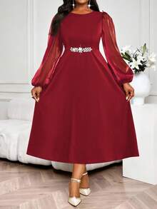 SHEIN Lady 春夏秋冬优雅复古黑钻纽扣工作婚礼酒会彩色针织雪纺圆领主教袖A字裙大码连衣裙舞会礼服 - 紅色 - 查看 5