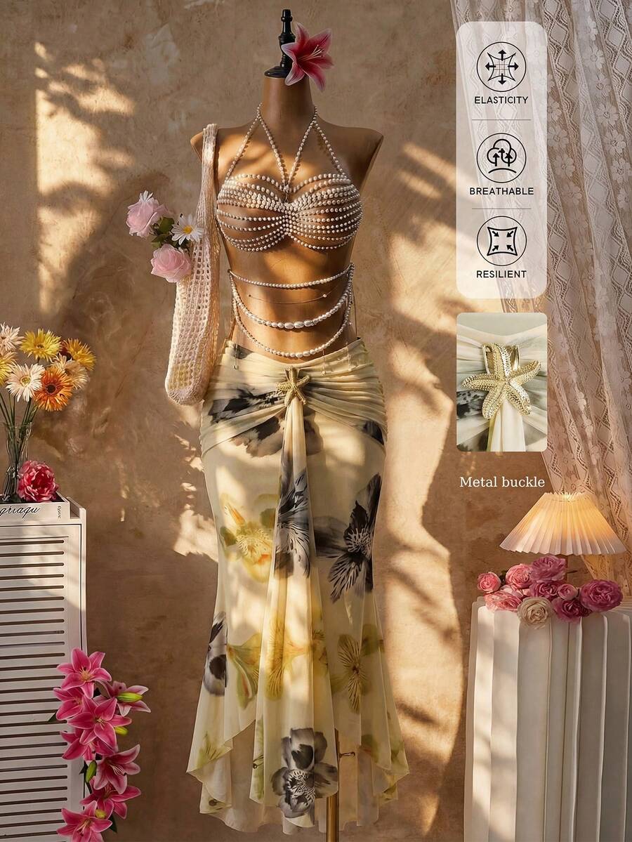 Femesol Floral Print Mermaid Hem Skirt, Vacation Style - Multicolor - View 1