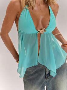 SHEIN BAE Áo hai dây hở lưng màu xanh dương dành cho nữ, trang trí hình sao biển kim loại, thích hợp cho kỳ nghỉ biển, mùa hè, phong cách Ý, bãi biển Ibiza, áo xanh dương, áo bóng. - Màu xanh ngọc - Xem 4