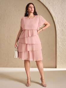 Chikora Plus Size Elegant Solid Color Multi-Layer Dress, Summer - Pink - View 5