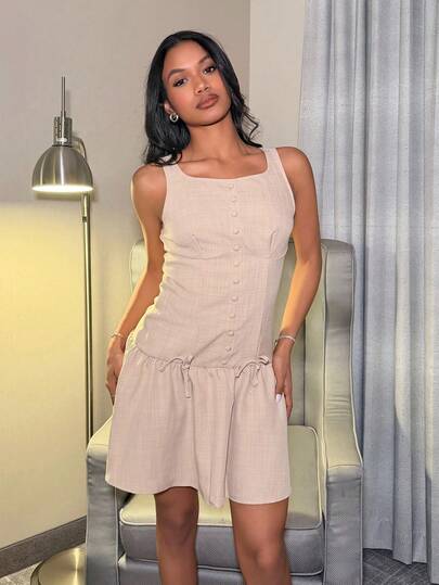 Natali Santanap 无袖迷你连衣裙，饰有纽扣和蝴蝶结，畅销连衣裙，休闲连衣裙，秋季派对和夜店装，夏季连衣裙，下午茶连衣裙，可爱连衣裙，返校节连衣裙，复古风格，毕业礼服，束腰连衣裙，中性色连衣裙