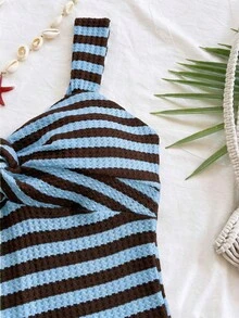 Soleia Vestido midi casual de mujer con rayas y detalle de torsión para vacaciones - lago azul - Ver 4