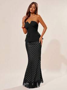 Radiana Women's Elegant Sexy Vintage French Chic Black White Polka Dot 2-Piece Suit Set,Bandeau Blazer Top Skirt,Summer Holiday Dinner Night Out Party Outfits - Black - View 4