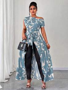 Elenzga Áo kiểu nữ cỡ lớn không tay, vạt lệch, thắt nơ phía trước, gợi cảm, họa tiết không đều, thích hợp mặc đi nghỉ mát. - Nhiều màu - Xem 3