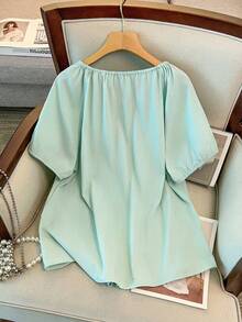 GlowEve CURVE Plus Size French Style Loose Short Sleeve Square Collar + Pleated Design Plus Size Blouse - Green - View 2