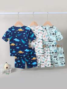 SHEIN Playful Pals 6件套男童卡通车辆和动物印花修身T恤和短裤睡衣套装 - 彩色 - 查看 2