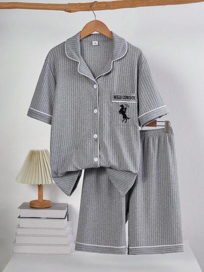 Teenage Boys' Solid Ribbed Fabric Letter & Horse Print Open Front Short Sleeve Top And Shorts Comfortable 2 Pieces Loungewear Set