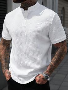 Manfinity CasualCool 男士白色短袖 Polo 衫，夏季休閒度假復古立領修身 T 恤，幾何圖案鈕扣門襟，老錢風復古上衣，正式款 - 白色 - 查看 7