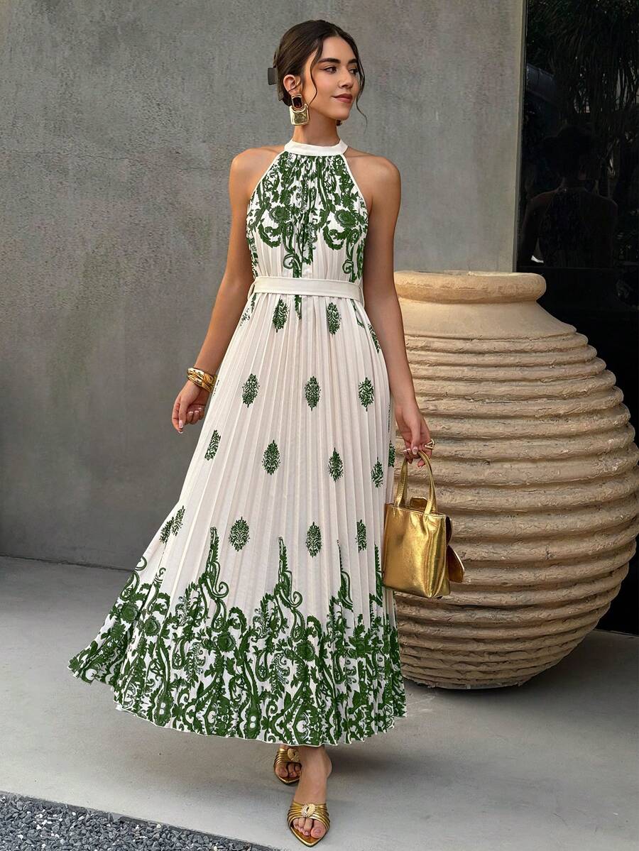 Selianne Vestido elegante de mujer con pliegues, cuello halter y corte evasé, adecuado para vacaciones, uso casual, diario, bodas y fiestas en primavera y verano - Multicolor - Ver 1