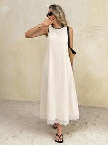 SHEIN Frenchy Women's Casual Loose Sleeveless Round Neck Long Dress, Suitable For Vacation,French Minimalist Sleeveless Dress With Lace Trim,A Flowing, Umbrella-Shaped Hemline, This Elegant Resort Maxi Dress Is A New Summer Style,Contrasting Trim Design,Picnic Dress,Vacation Dresses,Summer Dresses For Women,Elegant Dresses For Party,Beach Outfits, Beach Vacation Outfits For Women,Holiday Outfits For Women,Summer Outfit For Women,Summer Clothes, Cute Summer Dress, Vacation Dress Women, Lovely Dress, Summer Dress Women, Trending Dress For Women, Latest Dress For Women New Arrivals - Apricot - View 5