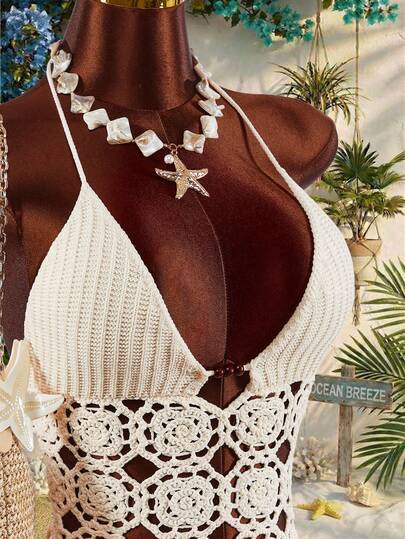 Amplova Bộ đồ hai mảnh móc len họa tiết hoa dành cho nữ, kiểu dáng gợi cảm với cổ chữ V, dây mảnh, lưng hở, kết hợp với chân váy cạp siêu thấp, thích hợp cho trang phục đi nghỉ mát.