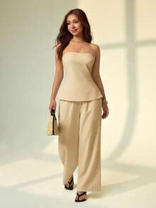 SHEIN PETITE Bộ 2 món áo quây và quần màu trơn dành cho nữ, kiểu dáng thường ngày. - Màu Khaki - Xem 5