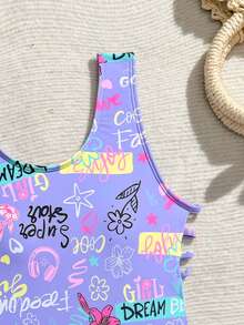Tween Girls Minimalist Printed Sleeveless One-Piece Swimsuit - Purple - View 5