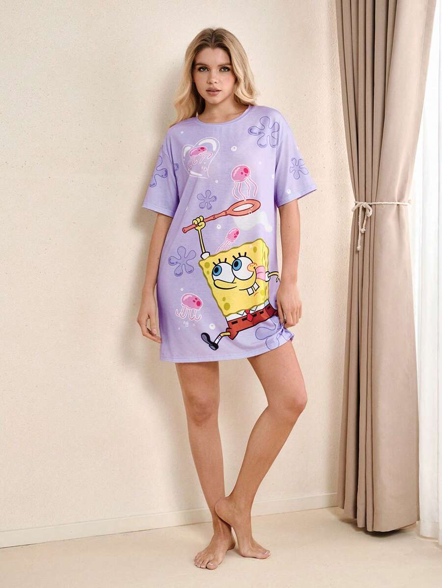 SpongeBob SquarePants | SHEIN 女士休闲圆领短袖睡袍 - - 紫色 - 查看 1