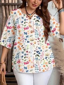 EMERY ROSE Plus Size Women Floral Print Casual Minimalist Shirt, Suitable For Summer Daily Wear - Multicolor - View 4