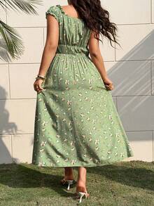 Sunnyshic Ditsy Floral French Collar Slit Dress - Green - View 2